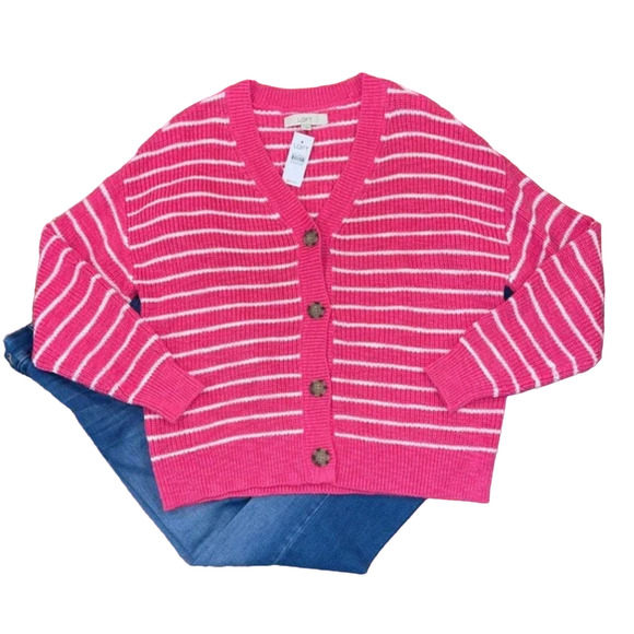 **NWT LOFT Neon Pink & White Striped Relaxed Cardigan Sweater - Picture 1 of 10